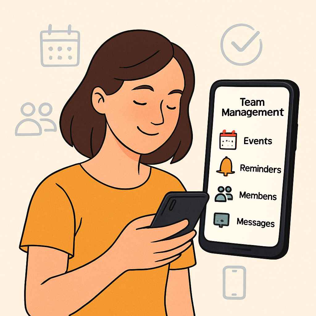 Person using smartphone to manage team events, reminders, members, and messages